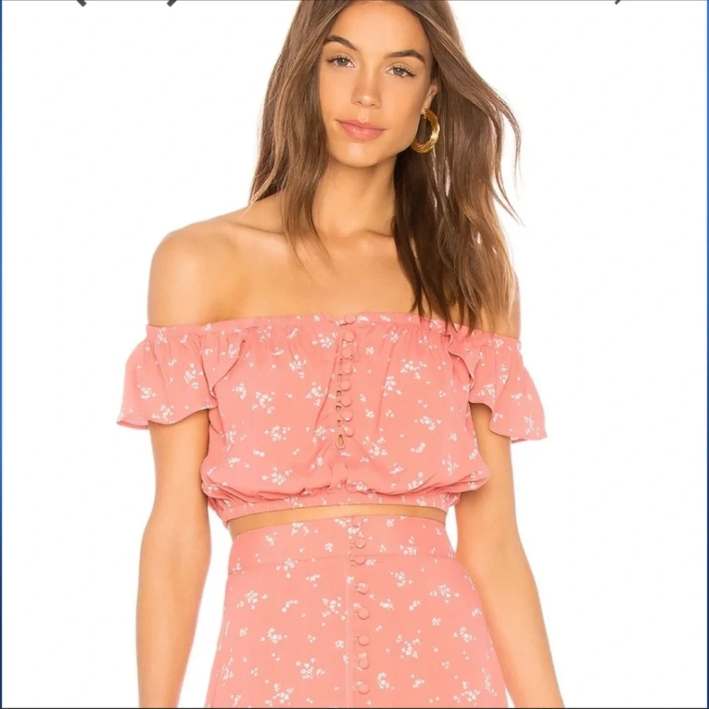 Flynn Skye Tori Ruffle Sleeve Crop Top Pink Floral - Picture 1 of 6
